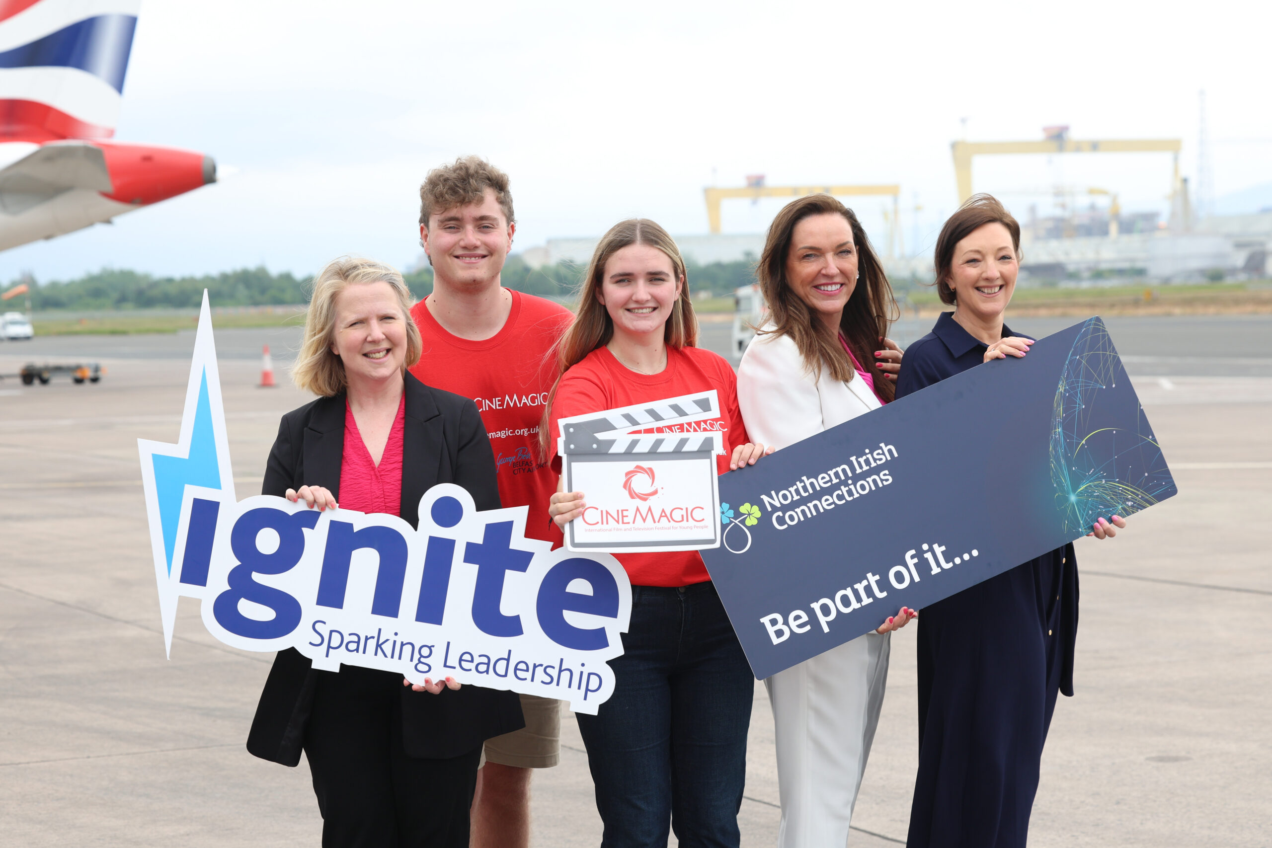 Pictured L-R marking the announcement are Ignite participant Paula Bittles, Belfast City Airport, Ignite participants Robbie Hayes and Zara Burney Keatings, Joan Burney Keatings MBE, Cinemagic, and Moira Loughran, NI Connections. Photo Press Eye/Darren Kidd.