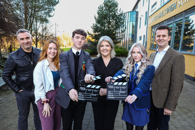 Photo Caption L-R Colin Williams, Creative Director, Sixteen South, Actress Beccy Henderson (The Dark Crystal: Age of Resistance, Derry Girls), Michael Bolton, St Mary’s Christian Brothers Grammar School, presenter Lynette Fay, Hannah Ruttle, Ashfield Girls’ High School, and William Thompson, Head of Consumer Banking NI at Bank of Ireland, UK pictured at the Cinemagic and Bank of Ireland, UK, Empowering Financial Wellbeing event set up to inspire and educate young people about financial wellbeing through the lens of the screen industries.