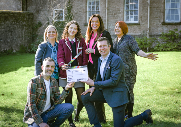 PR Caption: L-R Cathy Strain, Bank of Ireland UK, Hannah Watterson, The Royal School Armagh, Joan Burney Keatings, Cinemagic CEO, Melanie Harrsion, (Front L-R) Adam Wilkinson and Seán Cavanagh celebrating the Cinemagic and Bank of Ireland UK ‘Empowering Financial Wellbeing’ initiative with a special event held this at The Royal School Armagh to inspire and educate young people about financial wellbeing through the lens of the creative industries.
