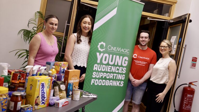 Pictured L-R are Sarah Cullen, Seamus Heaney HomePlace, Rachel McClure, Hope Magheralfelt Foodbank, Aaron Mooney and Claire Shaw, Cinemagic, at the launch of Cinemagic's Young Audiences Supporting Foodbanks Regional Tour supported by The National Lottery Awards for All Programme in partnership with Seamus Heaney HomePlace and Hope Magherafelt. The launch included a special family film screening and a hands-on animation workshop for young filmmakers. The tour is running across every county in Northern Ireland from this July to November 2027 to raise awareness of the causes and impact of food poverty.