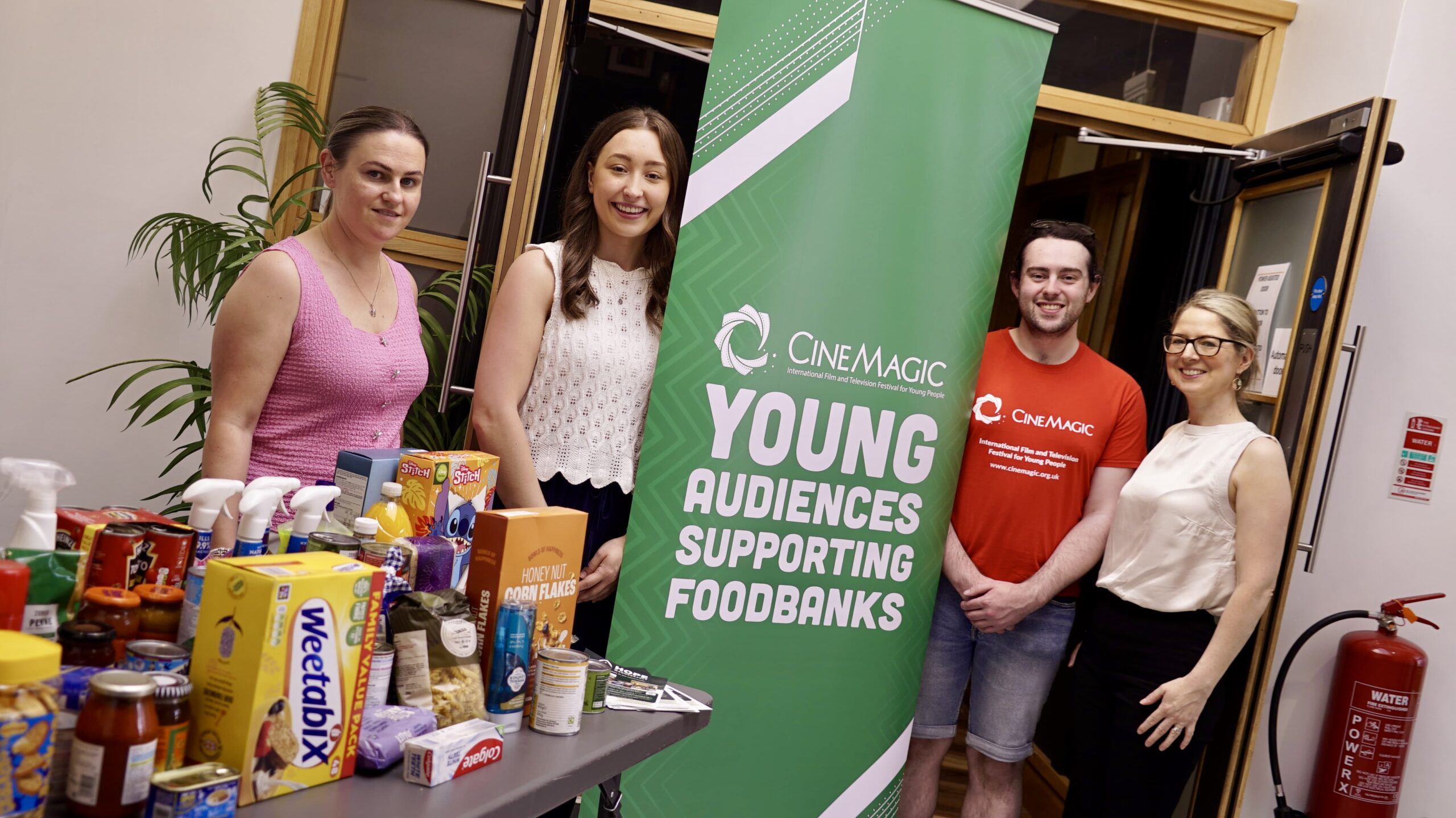 Pictured L-R are Sarah Cullen, Seamus Heaney HomePlace, Rachel McClure, Hope Magheralfelt Foodbank, Aaron Mooney and Claire Shaw, Cinemagic, at the launch of Cinemagic's Young Audiences Supporting Foodbanks Regional Tour supported by The National Lottery Awards for All Programme in partnership with Seamus Heaney HomePlace and Hope Magherafelt. The launch included a special family film screening and a hands-on animation workshop for young filmmakers. The tour is running across every county in Northern Ireland from this July to November 2027 to raise awareness of the causes and impact of food poverty.