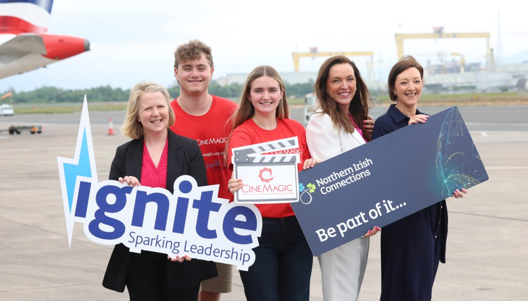 Pictured L-R marking the announcement are Ignite participant Paula Bittles, Belfast City Airport, Ignite participants Robbie Hayes and Zara Burney Keatings, Joan Burney Keatings MBE, Cinemagic, and Moira Loughran, NI Connections. Photo Press Eye/Darren Kidd.