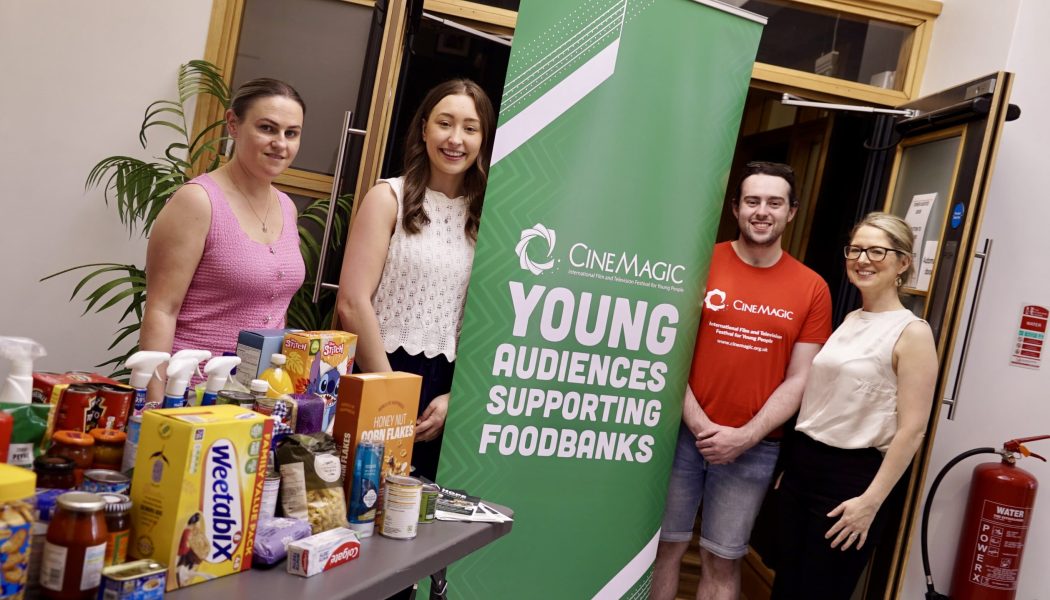Pictured L-R are Sarah Cullen, Seamus Heaney HomePlace, Rachel McClure, Hope Magheralfelt Foodbank, Aaron Mooney and Claire Shaw, Cinemagic, at the launch of Cinemagic's Young Audiences Supporting Foodbanks Regional Tour supported by The National Lottery Awards for All Programme in partnership with Seamus Heaney HomePlace and Hope Magherafelt. The launch included a special family film screening and a hands-on animation workshop for young filmmakers. The tour is running across every county in Northern Ireland from this July to November 2027 to raise awareness of the causes and impact of food poverty.